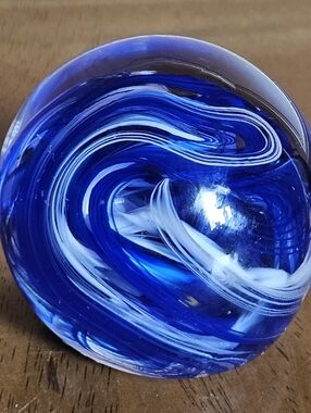 Handblown Blue & White Swirl Glass Art Paperweight